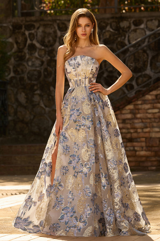 Sparkly Floral Dusty Blue Strapless Long Corset Prom Dress with Slit