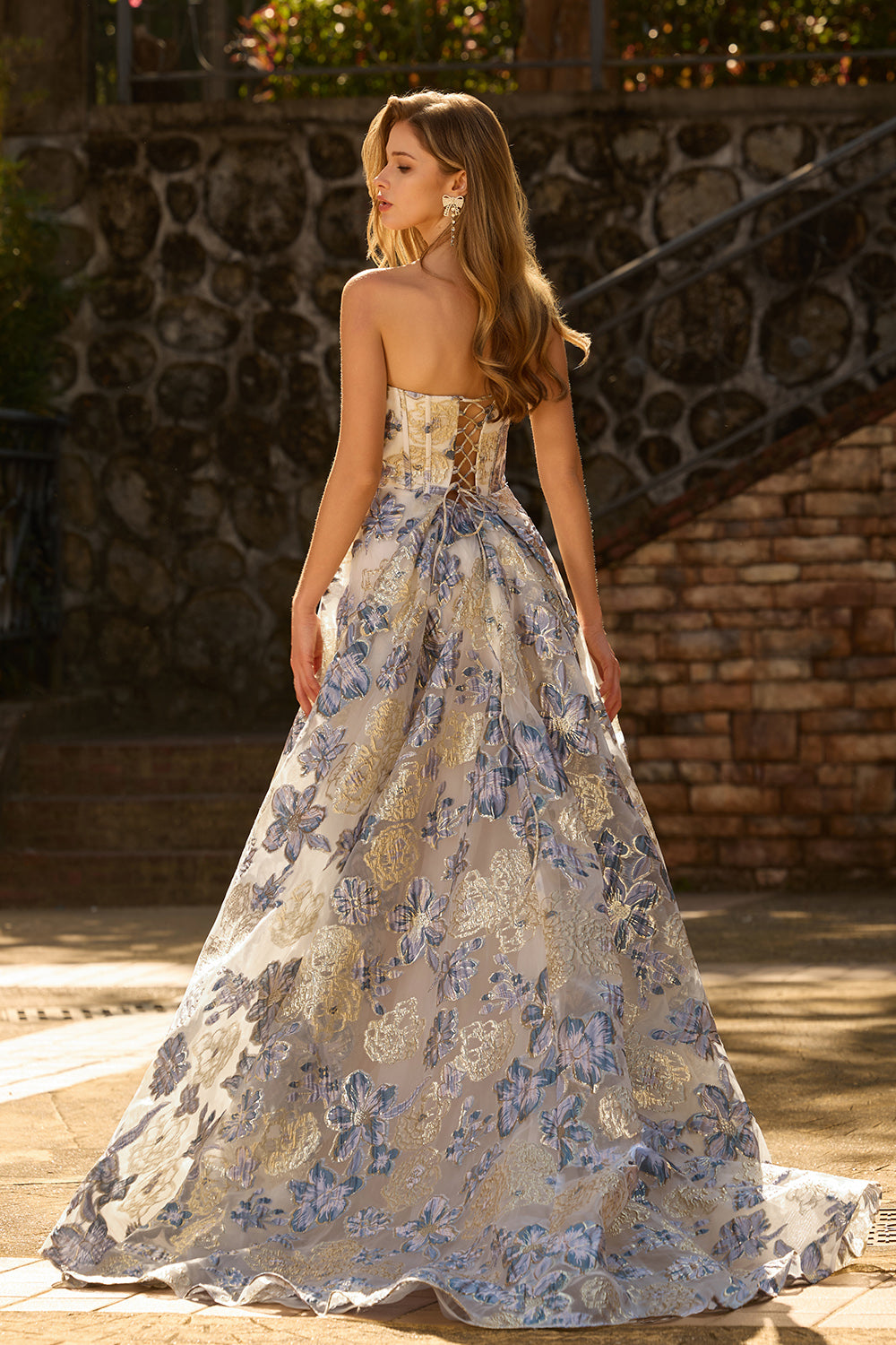 Sparkly Floral Dusty Blue Strapless Long Corset Prom Dress with Slit