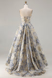 Floral Dusty Blue A Line Strapless Long Corset Prom Dress with Slit