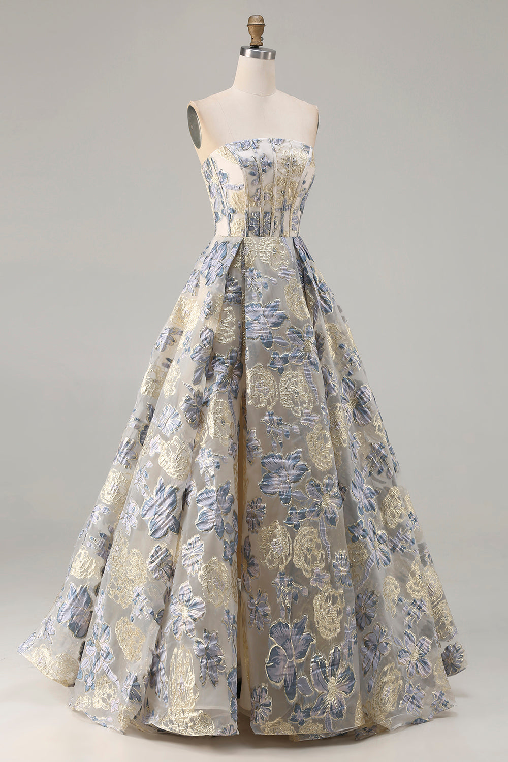 Floral Dusty Blue A Line Strapless Long Corset Prom Dress with Slit