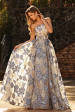 Sparkly Floral Dusty Blue Strapless Long Corset Prom Dress with Slit