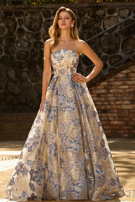 Sparkly Floral Dusty Blue Strapless Long Corset Prom Dress with Slit