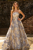 Sparkly Floral Dusty Blue Strapless Long Corset Prom Dress with Slit