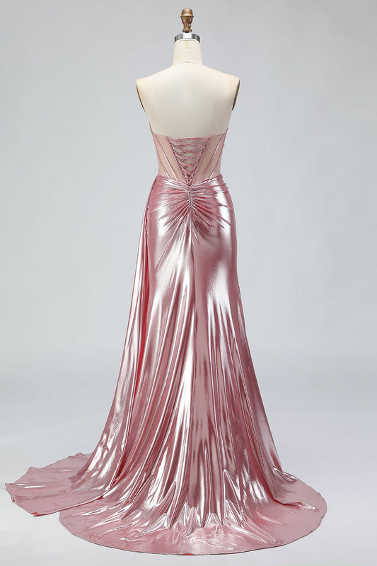 Sparkly Pink Mermaid Strapless Long Corset Prom Dress with Slit