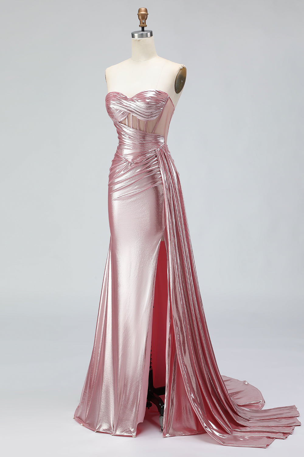 Sparkly Pink Mermaid Strapless Long Corset Prom Dress with Slit