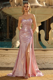 Sparkly Dark Green Mermaid Metallic Strapless Long Corset Prom Dress with Slit