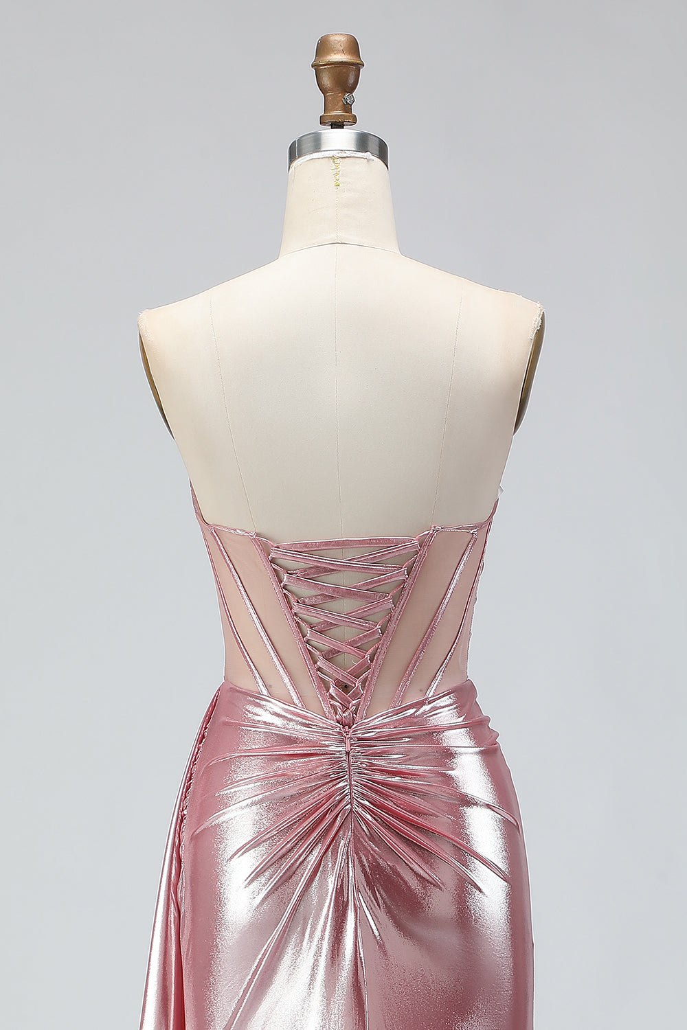 Sparkly Pink Mermaid Strapless Long Corset Prom Dress with Slit