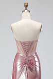 Sparkly Pink Mermaid Strapless Long Corset Prom Dress with Slit