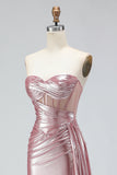 Sparkly Pink Mermaid Strapless Long Corset Prom Dress with Slit