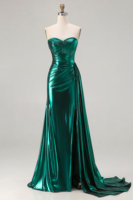 Sparkly Dark Green Mermaid Ruched Long Corset Prom Dress with Slit