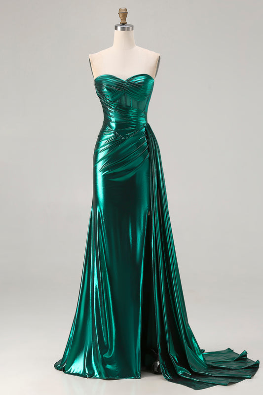 Sparkly Dark Green Mermaid Ruched Long Corset Prom Dress with Slit