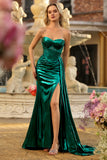 Sparkly Dark Green Mermaid Ruched Long Corset Prom Dress with Slit