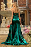 Sparkly Dark Green Mermaid Ruched Long Corset Prom Dress with Slit
