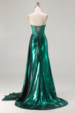 Sparkly Dark Green Mermaid Metallic Strapless Long Corset Prom Dress with Slit