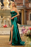 Sparkly Dark Green Mermaid Metallic Strapless Long Corset Prom Dress with Slit
