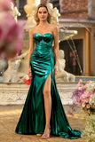 Sparkly Dark Green Mermaid Metallic Strapless Long Corset Prom Dress with Slit