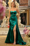 Sparkly Dark Green Mermaid Metallic Strapless Long Corset Prom Dress with Slit