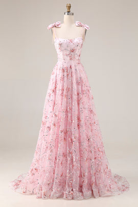 Sparkly Pink Floral Spaghetti Straps Sequin Long Prom Dress with Bows