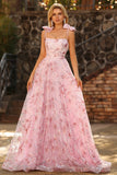 Sparkly Pink Floral Sequin Spaghetti Straps Long Prom Dress with Bows
