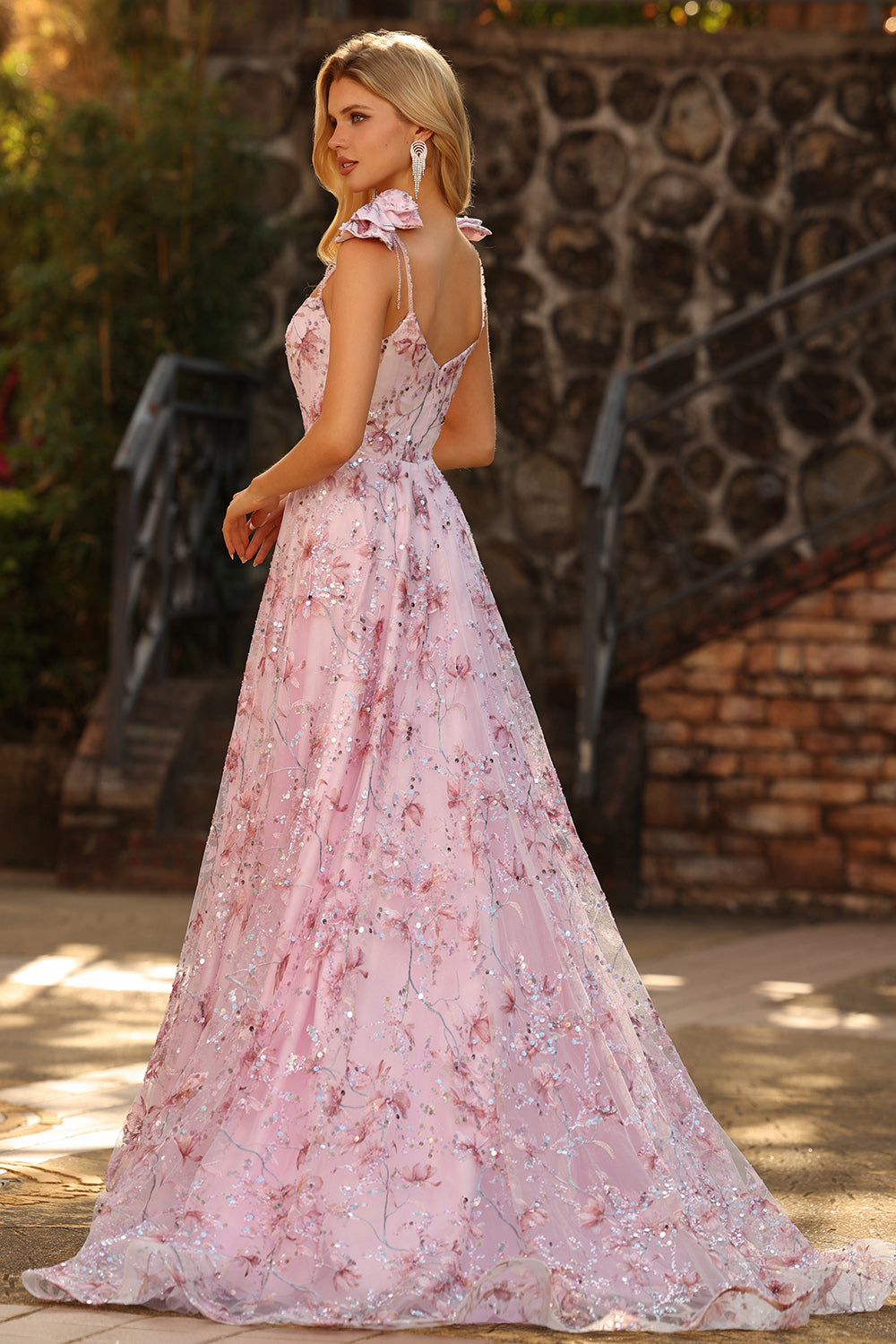 Sparkly Pink Floral Sequin Spaghetti Straps Long Prom Dress with Bows