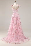 Sparkly Pink Floral Spaghetti Straps Sequin Long Prom Dress with Bows