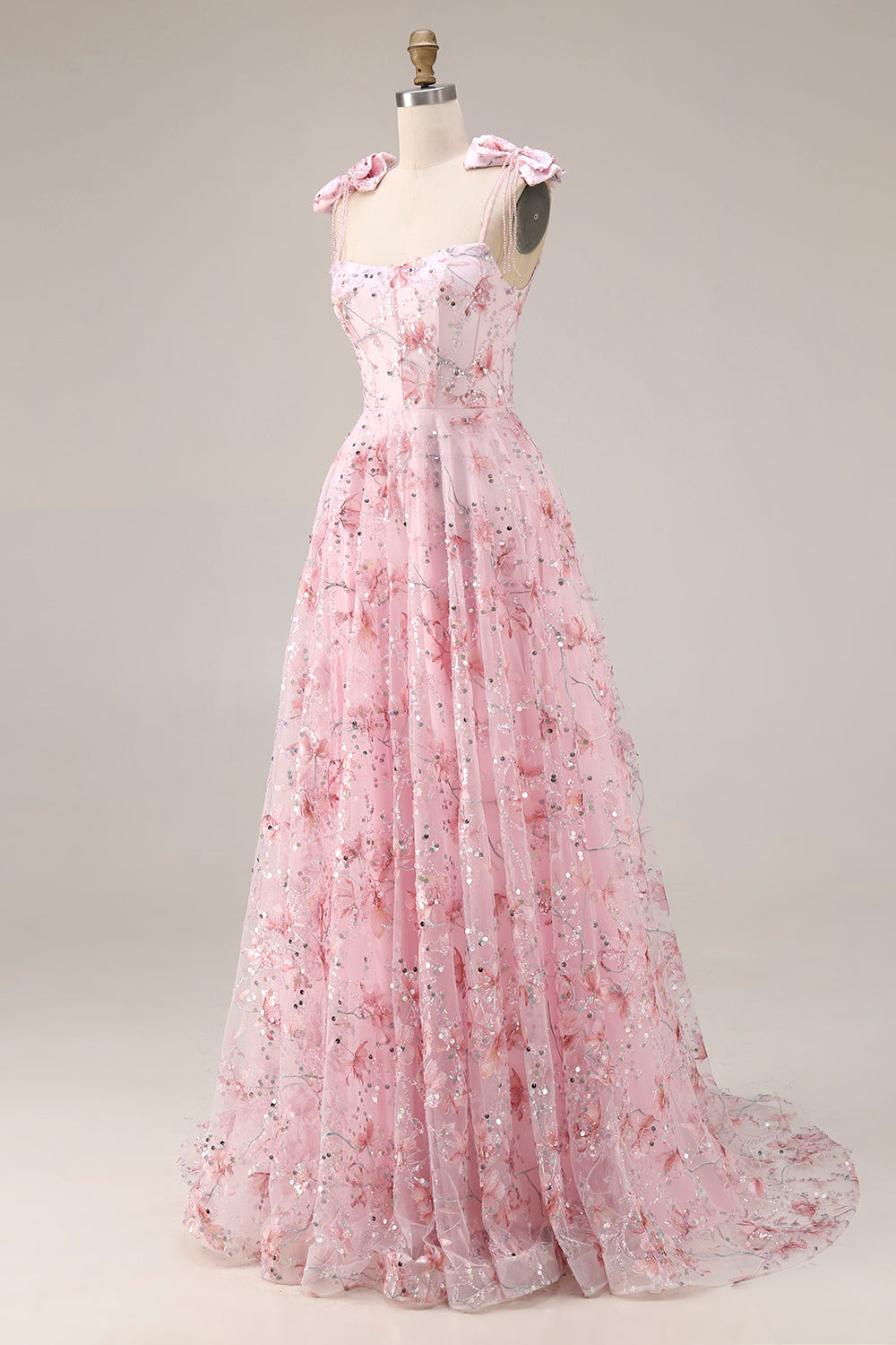 Sparkly Pink Floral Spaghetti Straps Sequin Long Prom Dress with Bows