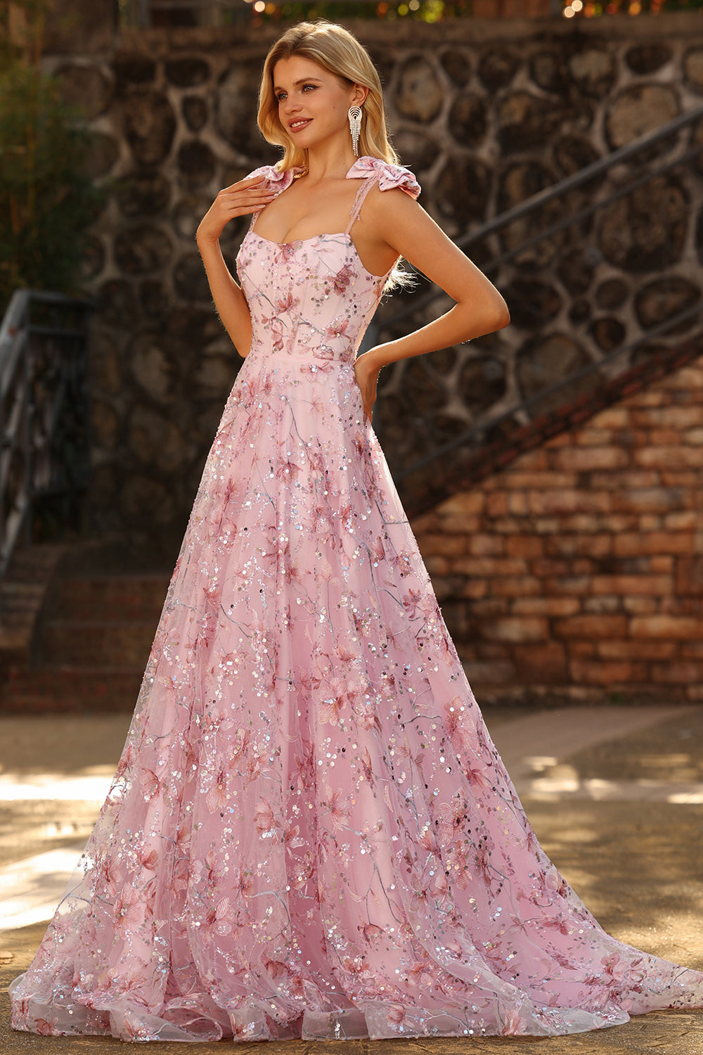 Sparkly Pink Floral Sequin Spaghetti Straps Long Prom Dress with Bows