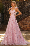 Sparkly Pink Floral Sequin Spaghetti Straps Long Prom Dress with Bows