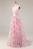 Sparkly Pink Floral Spaghetti Straps Sequin Long Prom Dress with Bows