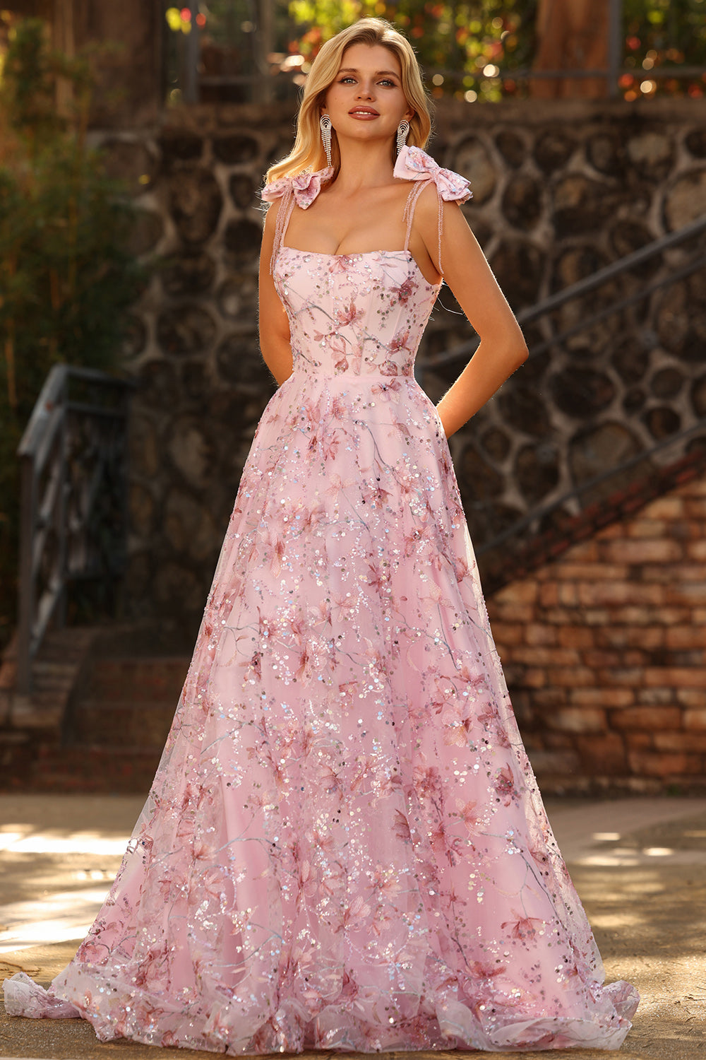Sparkly Pink Floral Sequin Spaghetti Straps Long Prom Dress with Bows