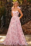 Sparkly Pink Floral Sequin Spaghetti Straps Long Prom Dress with Bows