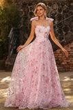 Sparkly Pink Floral Sequin Spaghetti Straps Long Prom Dress with Bows