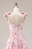 Sparkly Pink Floral Spaghetti Straps Sequin Long Prom Dress with Bows