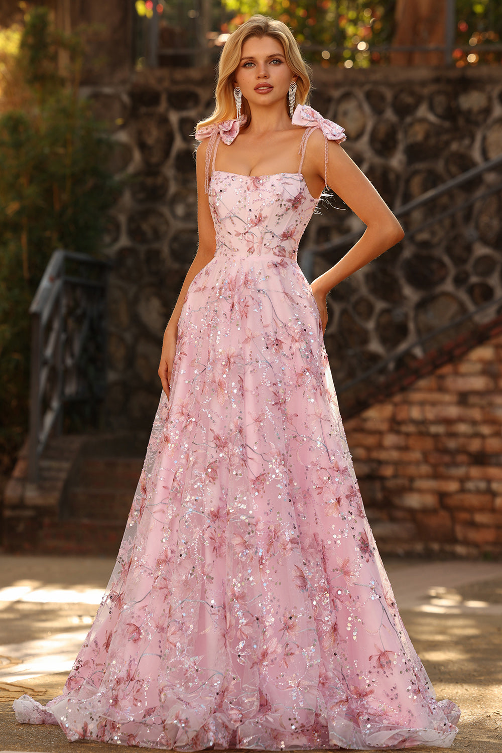 Sparkly Pink Floral Sequin Spaghetti Straps Long Prom Dress with Bows
