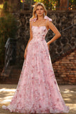 Sparkly Pink Floral Sequin Spaghetti Straps Long Prom Dress with Bows