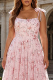 Sparkly Pink Plus Size Floral Spaghetti Straps Sequin Long Prom Dress with Bows