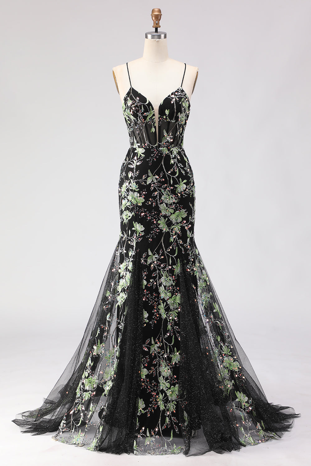 Sparkly Floral Black Beaded Spaghetti Straps Long Corset Prom Dress