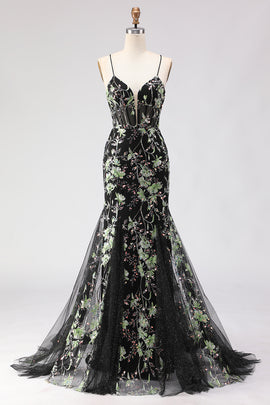Sparkly Floral Black Beaded Spaghetti Straps Long Corset Prom Dress
