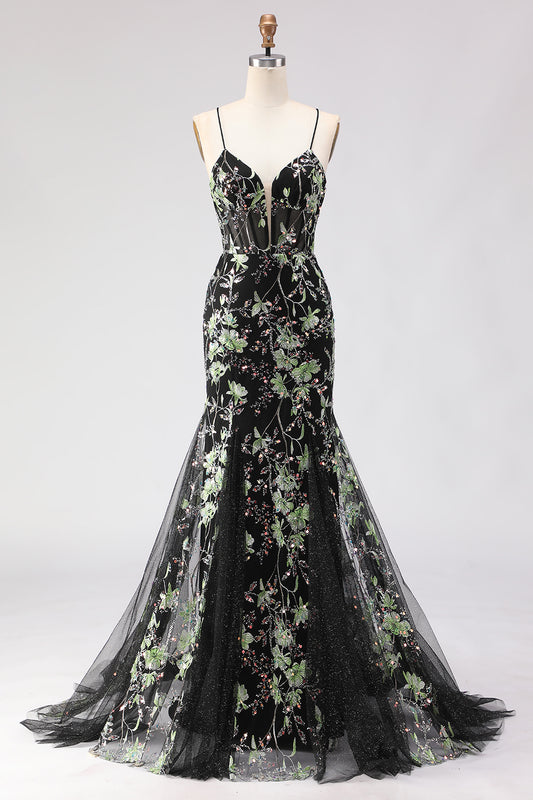 Sparkly Floral Black Beaded Spaghetti Straps Long Corset Prom Dress
