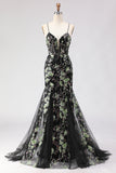 Sparkly Floral Black Beaded Spaghetti Straps Long Corset Prom Dress