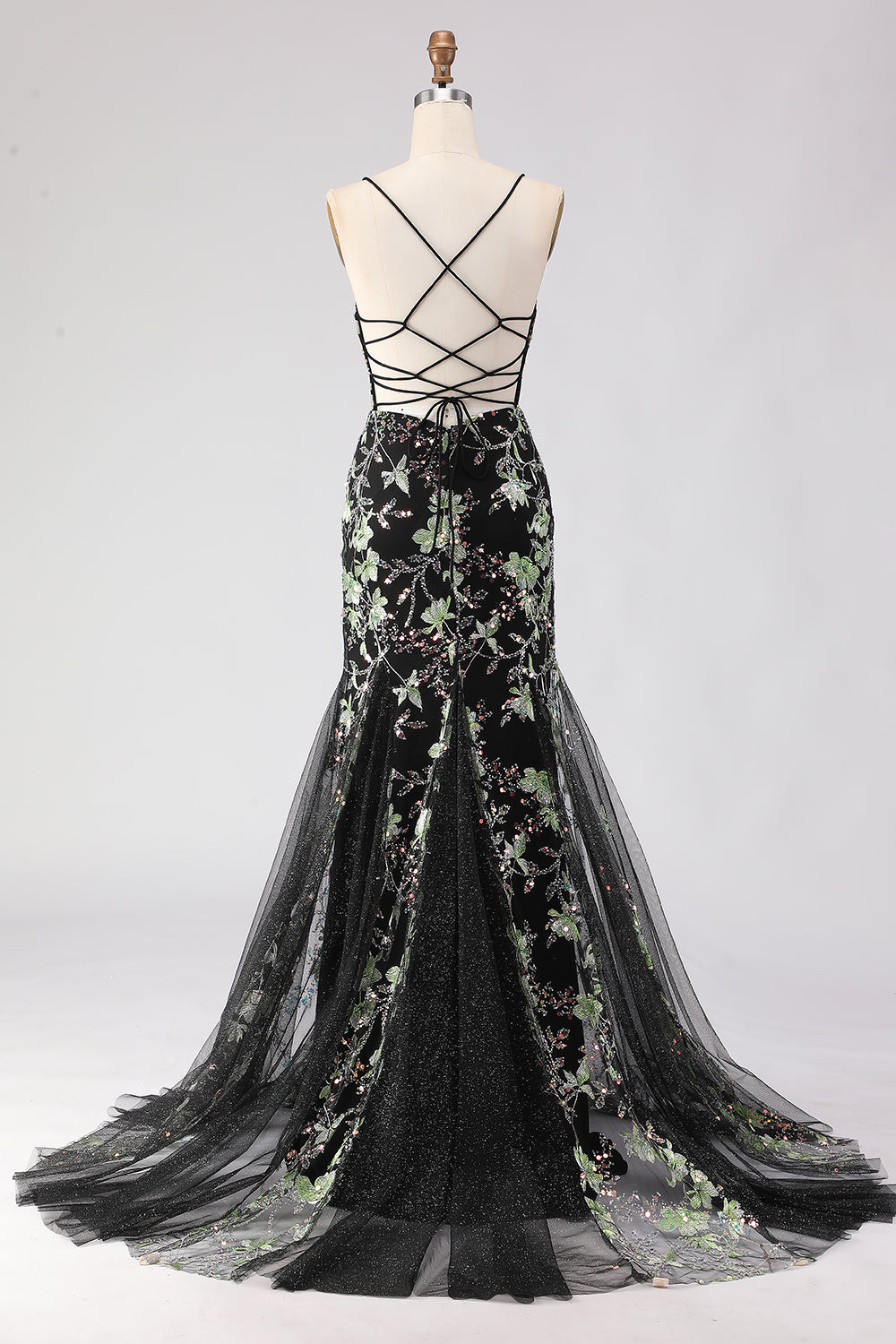 Sparkly Floral Black Beaded Spaghetti Straps Long Corset Prom Dress