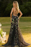 Sparkly Floral Yellow Mermaid Spaghetti Straps Long Corset Prom Dress with Beading