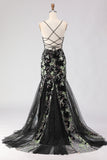 Sparkly Floral Black Beaded Spaghetti Straps Long Corset Prom Dress