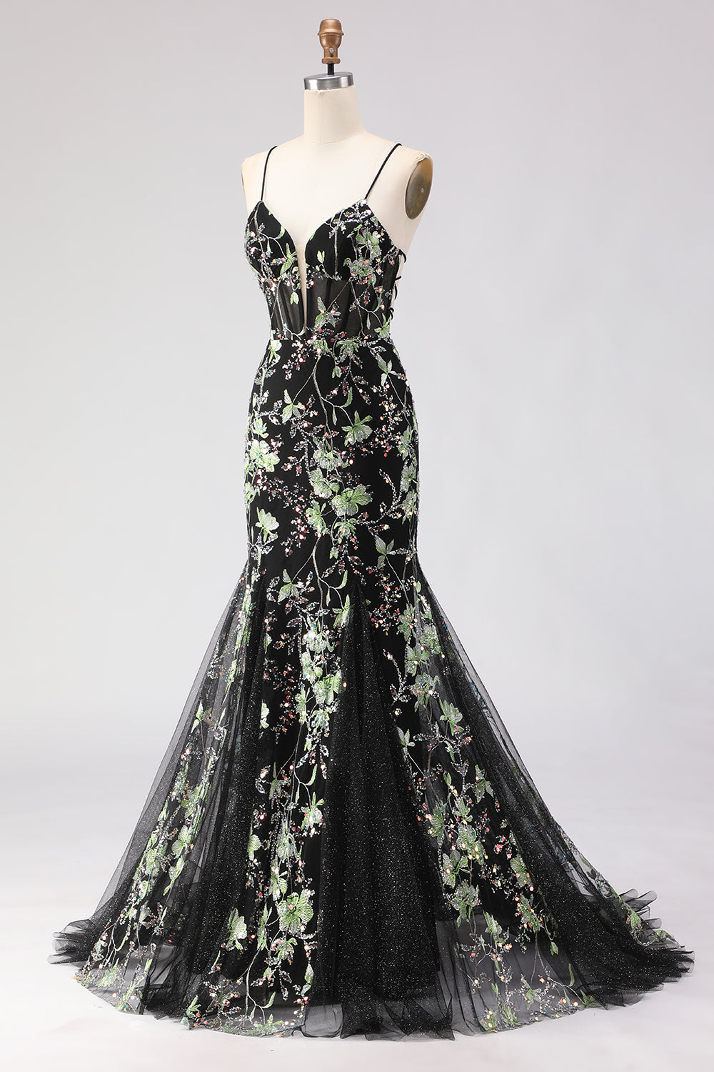 Sparkly Floral Black Beaded Spaghetti Straps Long Corset Prom Dress