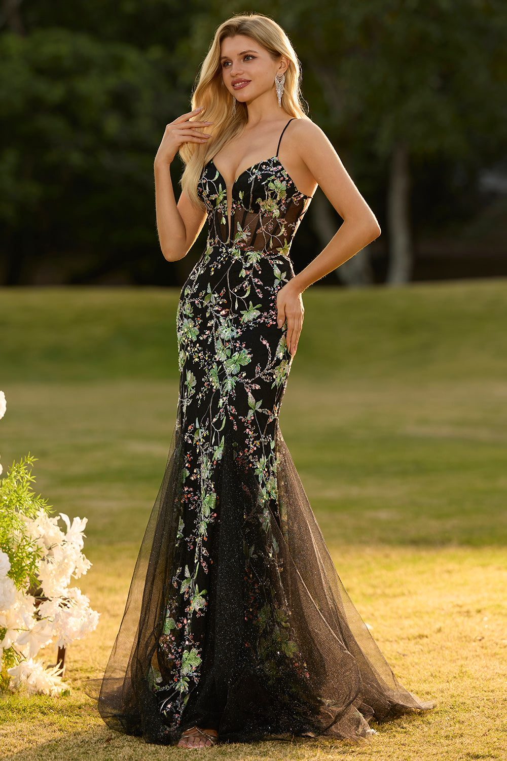 Sparkly Pink Floral Spaghetti Straps Tulle Long Corset Prom Dress with Beading