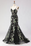 Sparkly Floral Black Beaded Spaghetti Straps Long Corset Prom Dress