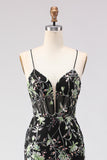 Sparkly Floral Black Beaded Spaghetti Straps Long Corset Prom Dress