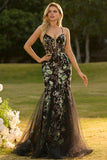 Sparkly Pink Floral Spaghetti Straps Tulle Long Corset Prom Dress with Beading