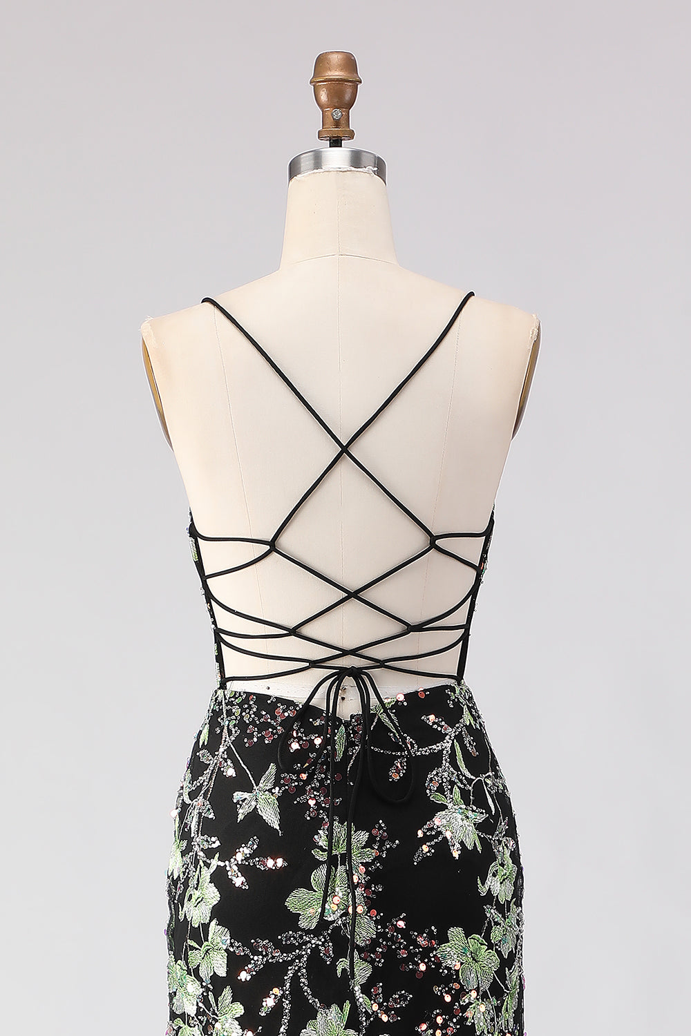 Sparkly Floral Black Beaded Spaghetti Straps Long Corset Prom Dress