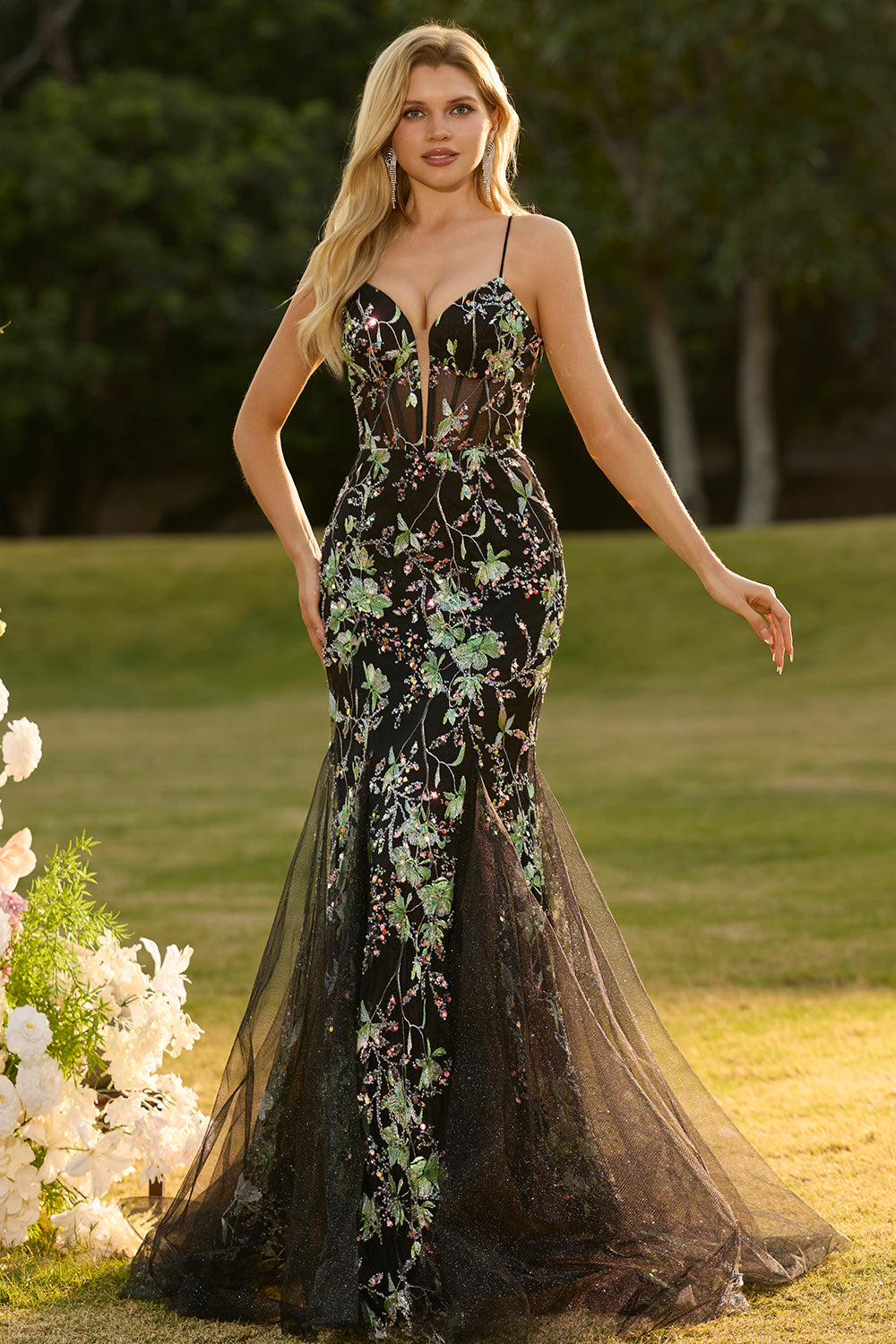 Sparkly Pink Floral Spaghetti Straps Tulle Long Corset Prom Dress with Beading